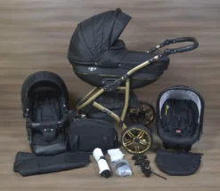 LUXUS Kombi Kinderwagen 3 In 1 Komplettset - Schwarz/gold R7 Gestell Gold