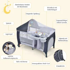 COSTWAY 4 In 1 Klappbares Reisebett & Babywiege & Wickeltisch & Laufstall Mit Schaukelfunktion, Inkl. Spieluhr, Spielbogen, Wickelauflage, Matratze, Windel Organizer Und Tragetasche (Grau) -Babyprodukte Geschäft bba631363af2efb6425117135b7e9e85