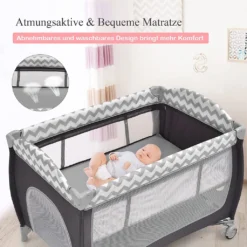 COSTWAY 3-in-1-Babybett, Tragbares Reisebett Mit Spielzeugstange, Klappbarer Laufstall Mit Stubenwagen, Wickeltisch Mit Tragetasche, Feststellbare Räder, Matratze, Tür Mit Reißverschluss (Grau) -Babyprodukte Geschäft bba92e84b267abd89b77ed771572fb50