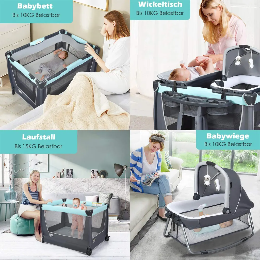 COSTWAY 4 In 1 Klappbares Reisebett & Wickeltisch & Laufstall & Babywiege Mit Schaukelfunktion, Inkl. Babykorb, Wickelauflage, Matratze, Spieluhr, Spielzeug, Aufbewahrungsregal Und Tragetasche Grau 2 COSTWAY 4 In 1 Klappbares Reisebett & Wickeltisch & Laufstall & Babywiege Mit Schaukelfunktion, Inkl. Babykorb, Wickelauflage, Matratze, Spieluhr, Spielzeug, Aufbewahrungsregal Und Tragetasche Grau – Bild 2