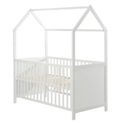 Roba Hausbett 70 X 140 Cm, Kombi-Kinderbett In Hausoptik, Weiß, 3-fach Verstellbar, Schlupfstäbe, Umbaubar Zum Juniorbett