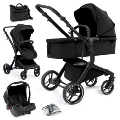 Bergsteiger Lugo Kinderwagen, Farbe: Black / Gestell: Black, Kombikinderwagen Komplettset Inkl. Zubehör - Babyschale, Buggy-Aufsatz, Sonnenschutz & Wetterfußsack | Isofix Station Erhältlich