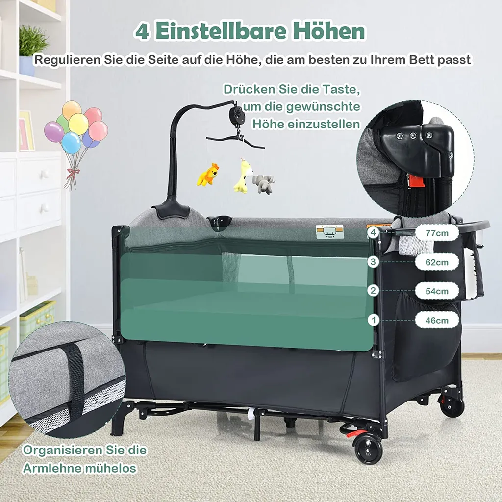 COSTWAY 5-in-1-Babybett Mit Wickeltisch, 2 Ebene Babyreisebett Mit 3 Spielzeug & Musikbox & Aufbewahrungstasche, 4-stufig Verstellbares Beistellbett Für Baby Mit Rollen & Tragetasche (Schwarz) 5 COSTWAY 5-in-1-Babybett Mit Wickeltisch, 2 Ebene Babyreisebett Mit 3 Spielzeug & Musikbox & Aufbewahrungstasche, 4-stufig Verstellbares Beistellbett Für Baby Mit Rollen & Tragetasche (Schwarz) – Bild 5