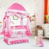 COSTWAY 4 In 1 Reisebett & Wickeltisch & Kinderbett & Laufstall Klappbar, 125x65x76cm, 2 Ebenen Babybett Mit Spielbogen, Musikbox, Wickelauflage, Baldachin Und Transporttasche (Rosa)