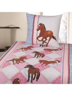 MyToys COLLECTION Möbel MyToys COLLECTION Pferdebettwäsche, Kinderbettwäsche Pferde, Flanell, Rosa-blau, 135x200 Cm + 80 X 80 Cm Von Pötter Bettwäsche Bettwäsche 135 X 200 Cm Flanell Winterbettwäsche Kinderbettwäsche Pferdebettwäsche Bettbezug Mädchen...