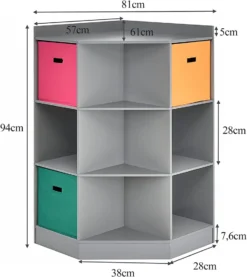 COSTWAY 3-stöckiges Kinderregal Mit 6 Offenen Regalen & 3 Farbigen Körben, Moderner Eckregal Zur Aufbewahrung, Aufbewahrungsschrank Mit 9 Fächern, Beistellschrank Für Kinderzimmer, Wohnzimmer (Grau) -Babyprodukte Geschäft ce7ab674e6a891008f4fc8caa054635e