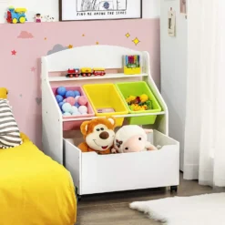 COSTWAY Spielzeugregal Mit Rollbarem Fach, 3 Kleinen Aufbewahrungsboxen Und Ablage, Spielzeugschrank, Kinderregal, Spielzeug Organizer Ideal Für Kinderzimmer Und Kindergarten (Weiß)