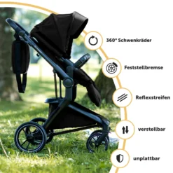Bergsteiger Lugo Kinderwagen, Farbe: Black / Gestell: Black, Kombikinderwagen Komplettset Inkl. Zubehör - Babyschale, Buggy-Aufsatz, Sonnenschutz & Wetterfußsack | Isofix Station Erhältlich -Babyprodukte Geschäft d0b6deab1e3f470a958295445618893c