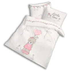 Hase Baby-Bettwäsche 40x60 + 100x135 Cm Fein-Biber Kinder-Bettwäsche Für Mädchen In Beige, Rosa Little One · Herz, Wolken & Blumen - 100% Baumwolle