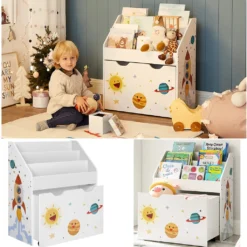 SONGMICS Kinderregal Mit 3 Fächern Kinderzimmerregal Spielzeugregal Kinder Bücherregal Und Herausziehbarer , Spielzeugkiste Mit Rollen, Für Kinder, Weiß GKR41WT