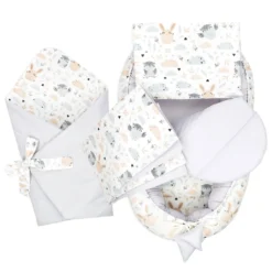 Babynestchen Set Neugeborene - Kuschelnest Baby Nestchen Bett Set 5- Teilig Kokon Babyhörnchen Baumwolle Hellgrau Mit Eulen Und Hasen Motiv