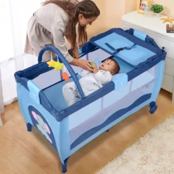 COSTWAY Reisebett Klappbar Babyreisebett Kinderreisebett Mit Rollen Babybett Kinderbett Inkl. Spielbogen Tragetasche Wickelauflage Blau -Babyprodukte Geschäft ee8891cd48a69882c75dd50aa9e72e54