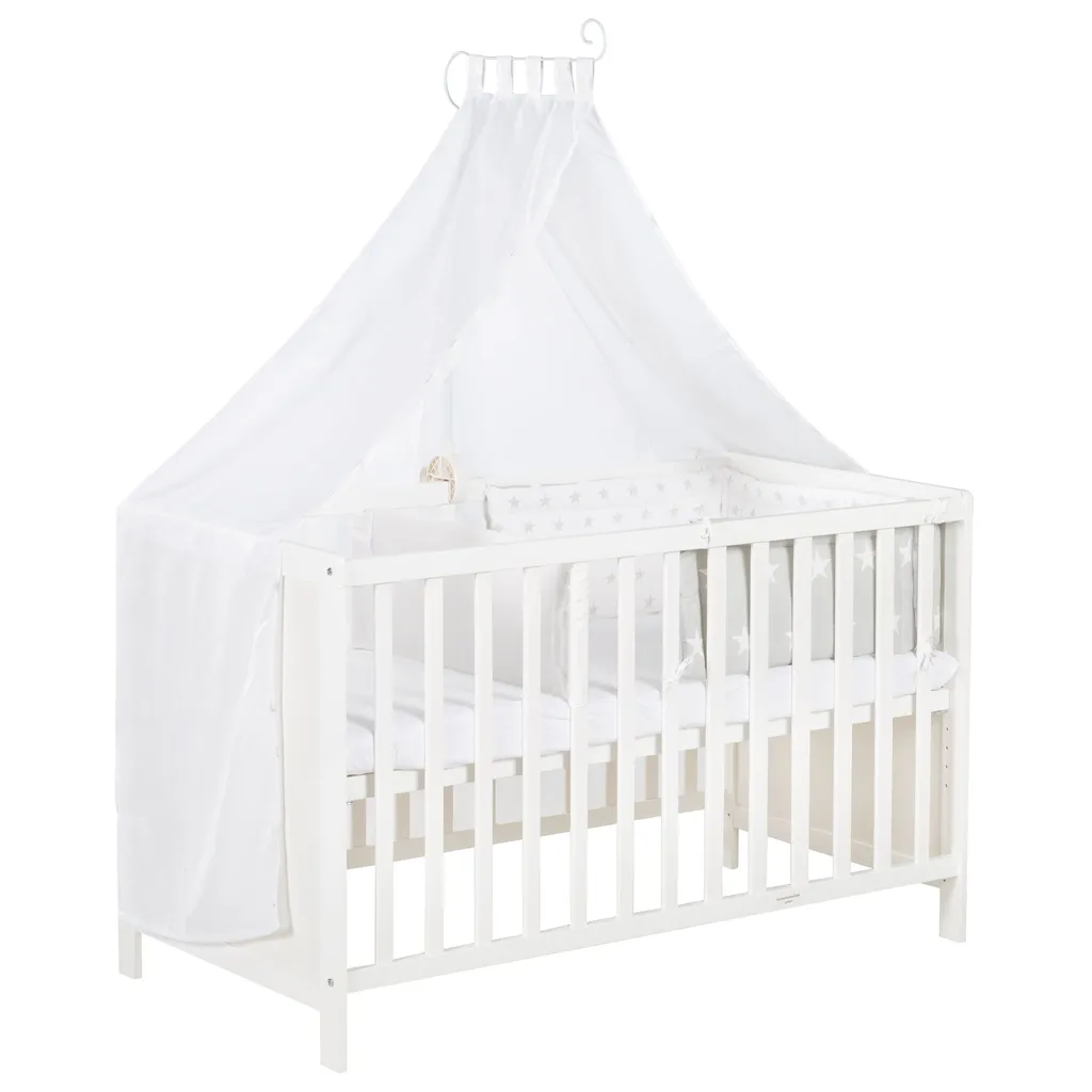 Roba Mulitfunktionsbett Sterne Grau Mit Beistellfunktion, Lattenrost, Matratze, Bettreduzierer, Himmel, Himmelstange, Kinderbett, Anstellbett, Babybett, Höhenverstellbar, Liegefläche 60x120 Cm, Weiß 1 Roba Mulitfunktionsbett Sterne Grau Mit Beistellfunktion, Lattenrost, Matratze, Bettreduzierer, Himmel, Himmelstange, Kinderbett, Anstellbett, Babybett, Höhenverstellbar, Liegefläche 60x120 Cm, Weiß