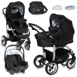 Bergsteiger Capri Kinderwagen, Farbe: Black Edition / Gestell: Silber, 3-in-1 Kombikinderwagen, Inkl. Babyschale, Babywanne, Sportwagen Und Zubehör