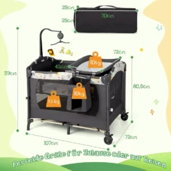 COSTWAY 4 In 1 Klappbares Reisebett & Beistellbett & Wickeltisch & Laufstall Rollbar, 2 Ebenen Babybett Inkl. Spielbogen, Matratze, Wickelauflage, Windelaufbewahrung Und Spieluhr (Hellgrau) -Babyprodukte Geschäft f8462062eac3a5be4feef36340abb16b