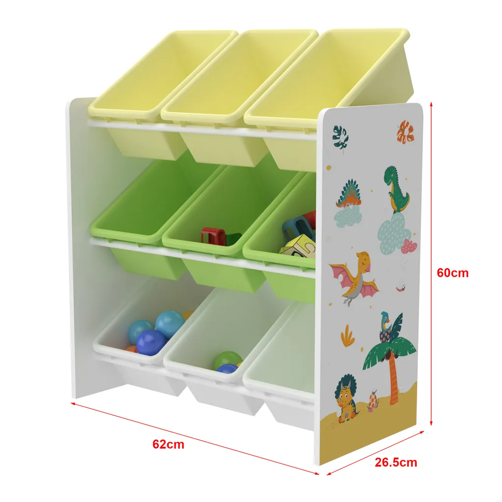 Kinderregal Muxía Mit 9 Aufbewahrungsboxen Spielzeugregal Mit Dinosaurier-Motiv Spielregal Weiß Grün Gelb Kinderzimmer Organizer 3 Kinderregal Muxía Mit 9 Aufbewahrungsboxen Spielzeugregal Mit Dinosaurier-Motiv Spielregal Weiß Grün Gelb Kinderzimmer Organizer – Bild 3