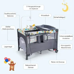 5 In 1 Babybett Mit Matratze, Reisebett Baby Mit Wickeltisch, Spieluhr Und Spielzeug, Laufstall | Beistellbett | Babyschaukel Für Baby Ab Geburt (Grau) -Babyprodukte Geschäft fcd72b0952260189747e7edb177ab03d